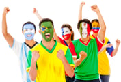Latinamerican group celebrating with arms up - isolated over a white background